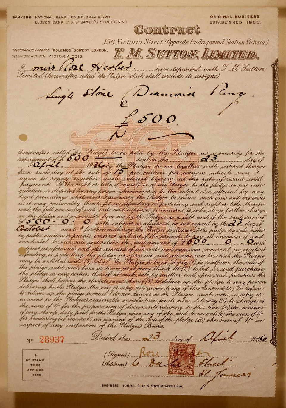 A pawnshop contract from 1936. 'When I started here, we used to have lords and ladies lugging in trunks of silverware,' says Jim Tannahill