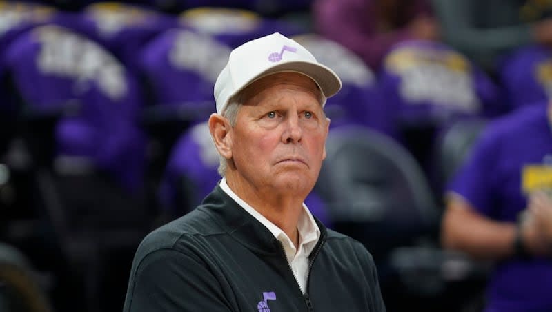 Utah Jazz CEO, Danny Ainge, looks on before the start of their NBA basketball game against the Sacramento Kings Wednesday, Oct. 25, 2023, in Salt Lake City. (AP Photo/Rick Bowmer)