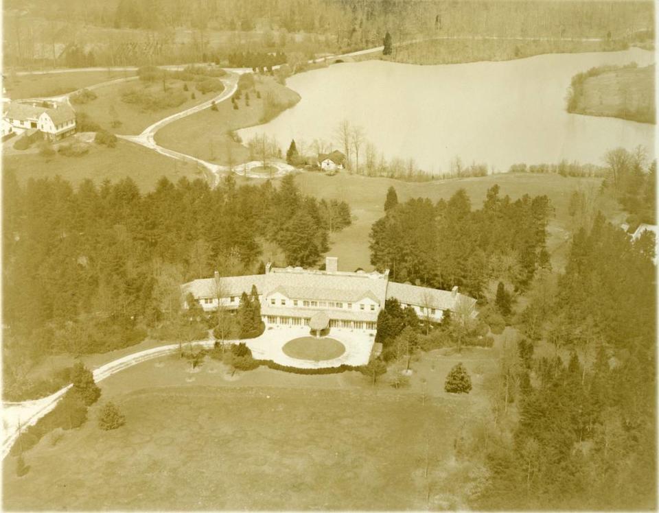 An aerial view of Reynolda House around 1927 shows the 60-plus-room house with Lake Katharine behind it. Z. Smith Reynolds and his new wife, Libby Holman, hosted a birthday party for a friend on the lake’s edge the night of July 5, 1932. Hours later, Reynolds was dead of a single gunshot wound. 