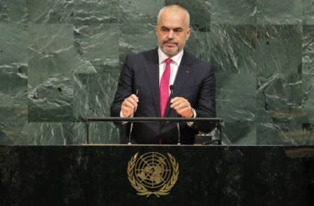 FILE PHOTO: Albanian Prime Minister Edi Rama addresses the 72nd United Nations General Assembly at U.N. headquarters in New York, U.S., September 22, 2017. REUTERS/Lucas Jackson