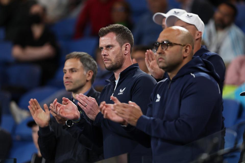 Leon Smith (centre) first coached Murray as a teenager and is now GB’s Davis Cup captain, while Shane Annun (right) is the Scot’s physiotherapist (Getty Images)