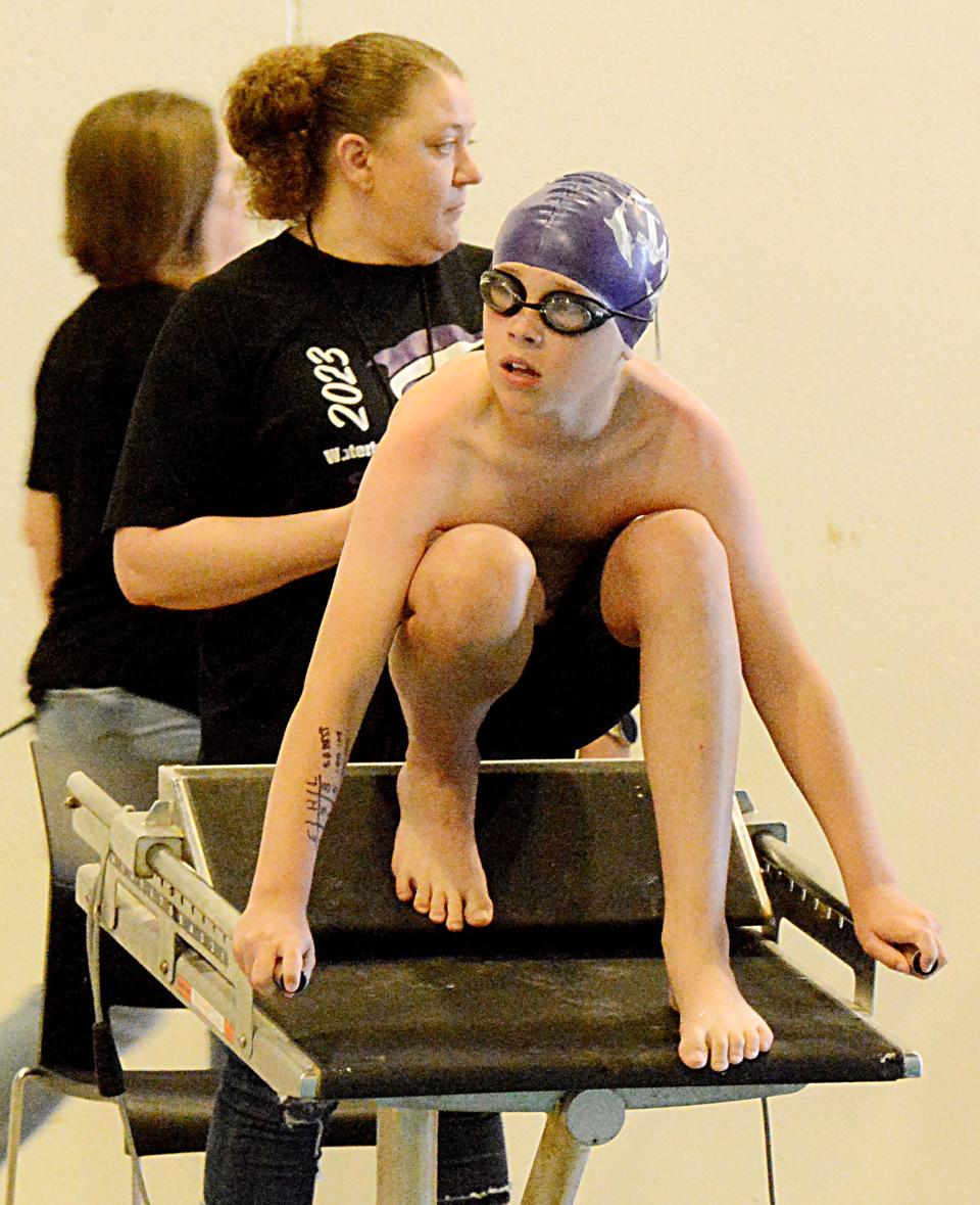 Cayson Feininger of the Watertown Area Swim Club waits for a race to start during the Watertown Area Swim Club's Too Cool for the Outdoor Pool on Saturday, June 3, 2023 at the Prairie Lakes Wellness Center.