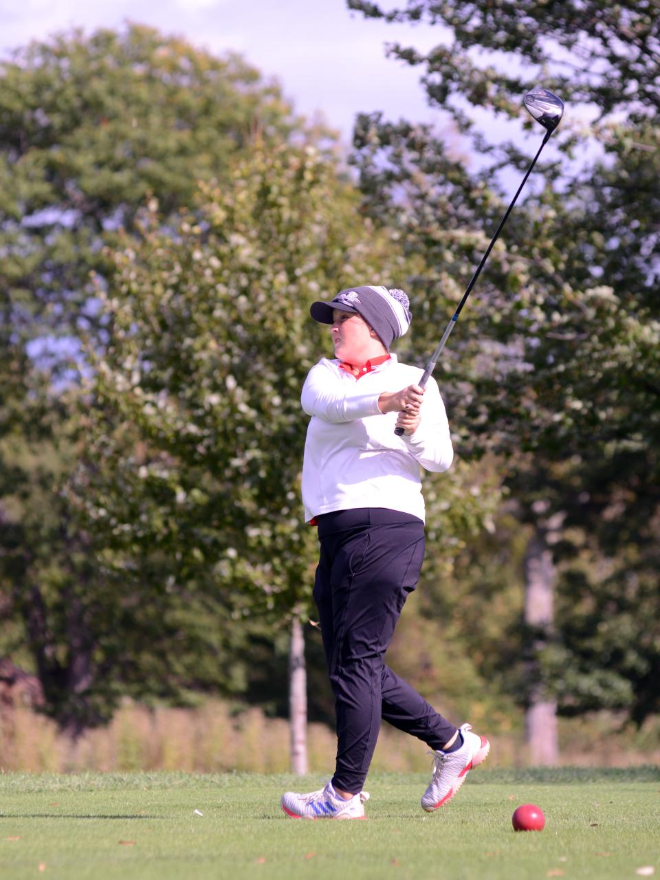 Crooksville's Riley McKenzie hits a tee shot during the Division II girls state golf tournament on Saturday at Ohio State's Gray Course. McKenzie shot 81 and finished with a two-day total of 162 to finish tied for 16th of 73 players. She will return to the Gray Course this weekend for her second state appearance.