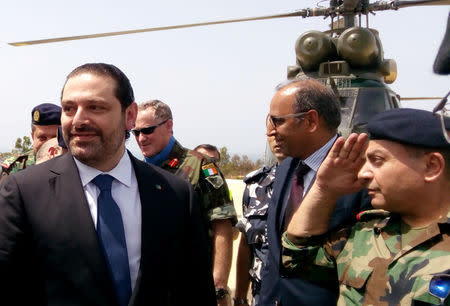 Lebanese Prime Minister Saad al-Hariri arrives at the United Nations Interim Force in Lebanon (UNIFIL) headquarters in Naqoura, near the Lebanese-Israeli border, southern Lebanon April 21, 2017. REUTERS/Ali Hashisho
