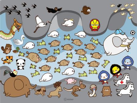 An undated graphic illustration depicts thirteen boars surrounded by other animals, each representing boys and the expert teams involved in the rescue of the soccer team, in this social media illustration obtained by Reuters July 10, 2018. SISIDEA/via REUTERS