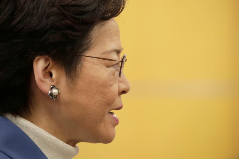 Hong Kong Chief Executive Carrie Lam attends a news conference in Beijing