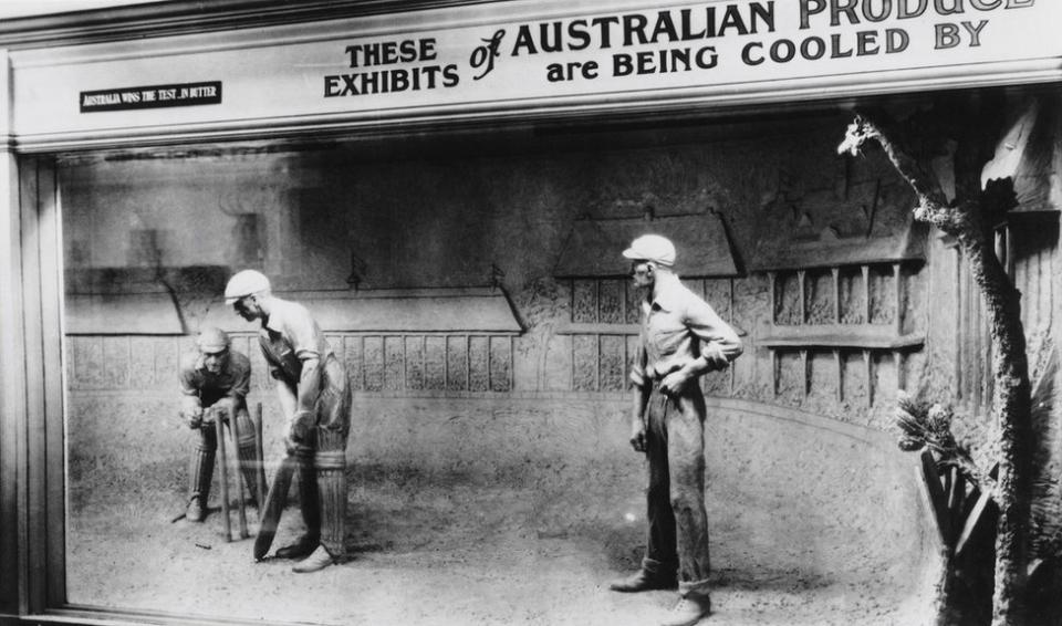 Black and white image of Jack Hobbs and two other people playing cricket sculpted out of butter