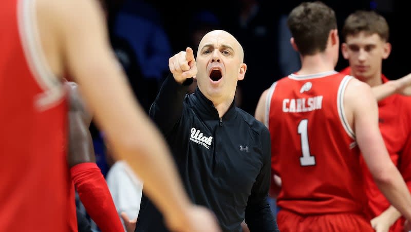 Utah Utes head coach Craig Smith yells as the Utah Utes play the Indiana State Sycamores in an NIT semifinal basketball game at the Hinkle Fieldhouse in Indianapolis on Tuesday, April 2, 2024. Utah lost 100-90.