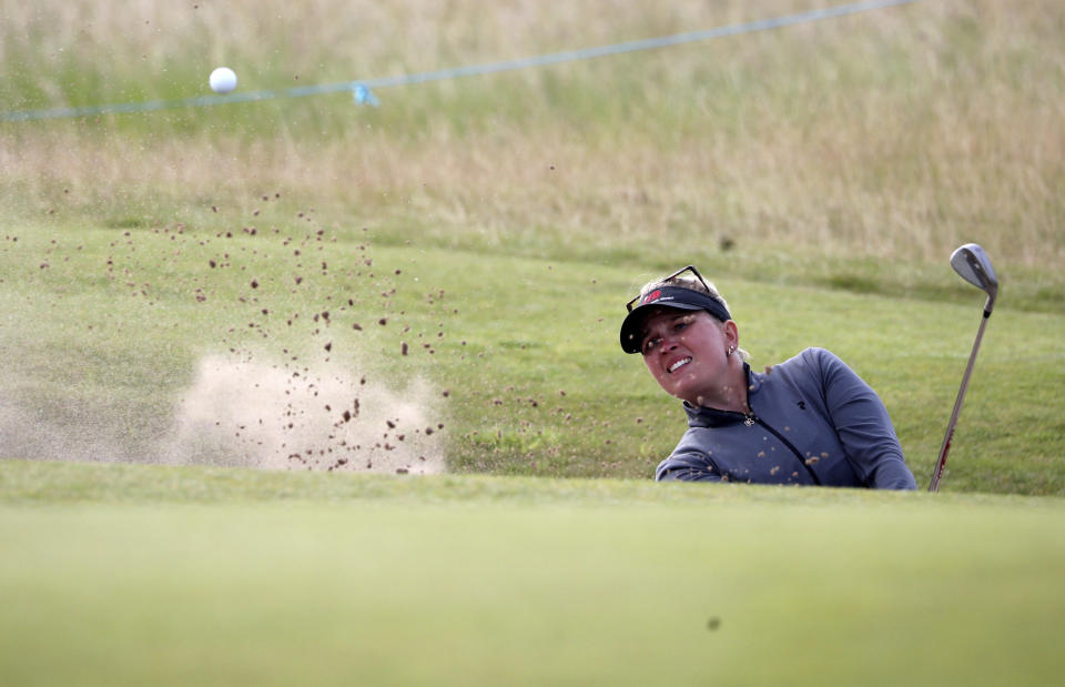 Denmark's Nanna Koerstz Madsen in a bunker on the ninth hole during day two of the Ladies Scottish Open at The Renaissance Club, North Berwick, Scotland, Friday Aug. 14, 2020. (Jane Barlow/PA via AP)