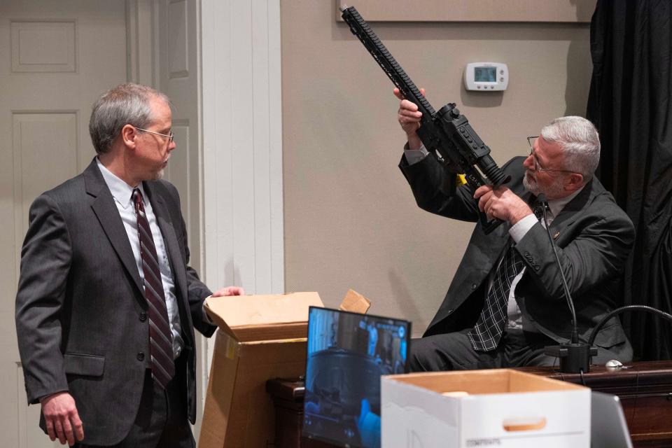 Jan 30, 2023; Walterboro, SC, USA; Prosecutor Creighton Waters asks witness Jeff Croft, a SLED senior special agent, questions about weapons and ammunition collected from Alex Murdaugh’s home during Murdaugh’s trial for murder at the Colleton County Courthouse on Monday, January 30, 2023.  Mandatory Credit: Joshua Boucher/Pool via USA TODAY NETWORK