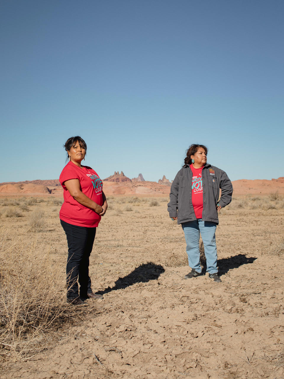 (L-R) Tara Benally and Dalene Redhorse pose for a portrait in front of Church Rock in Navajo County, Arizona on December 4, 2020. CREDIT: Adria Malcolm for TIME Magazine<span class="copyright">Adria Malcolm for TIME Magazine—Adria Malcolm</span>