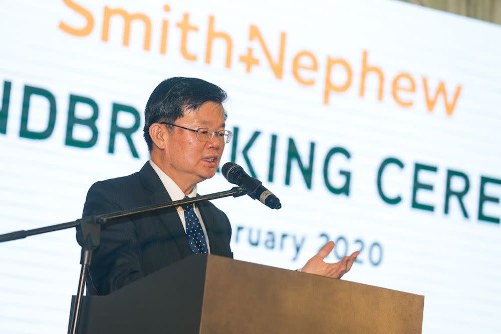 Penang Chief Minister Chow Kon Yeow delivers his speech during a groundbreaking ceremony by Smith+Nephew in Batu Kawan February 28, 2020. — Picture by Sayuti Zainudin