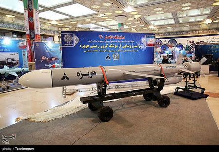 The Hoveizeh an Iranian missile is displayed at an exhibition in Tehran, Iran, Faberuary 2, 2019. Tasnim News Agency/Handout via REUTERS