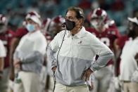 Alabama head coach Nick Saban watches his team during the first half of an NCAA College Football Playoff national championship game against Ohio State, Monday, Jan. 11, 2021, in Miami Gardens, Fla. (AP Photo/Lynne Sladky)
