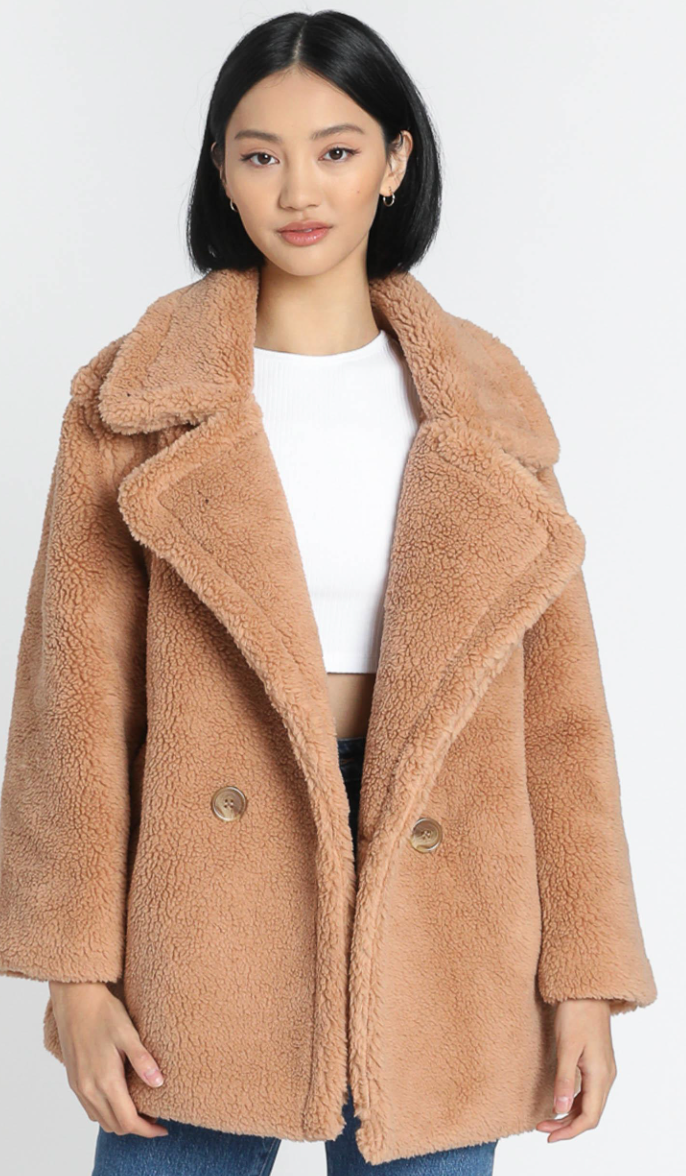 model wearing showpo's teddy bear coat