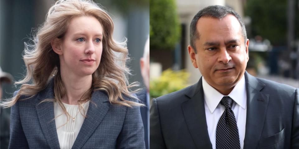 Elizabeth Holmes, founder and former CEO of Theranos, arrives for motion hearing on Monday, November 4, 2019, at the U.S. District Court House inside Robert F. Peckham Federal Building in San Jose, California. And former Theranos COO Ramesh "Sunny' Balwani leaves the Robert F. Peckham U.S. Federal Court on June 28, 2019 in San Jose, California.