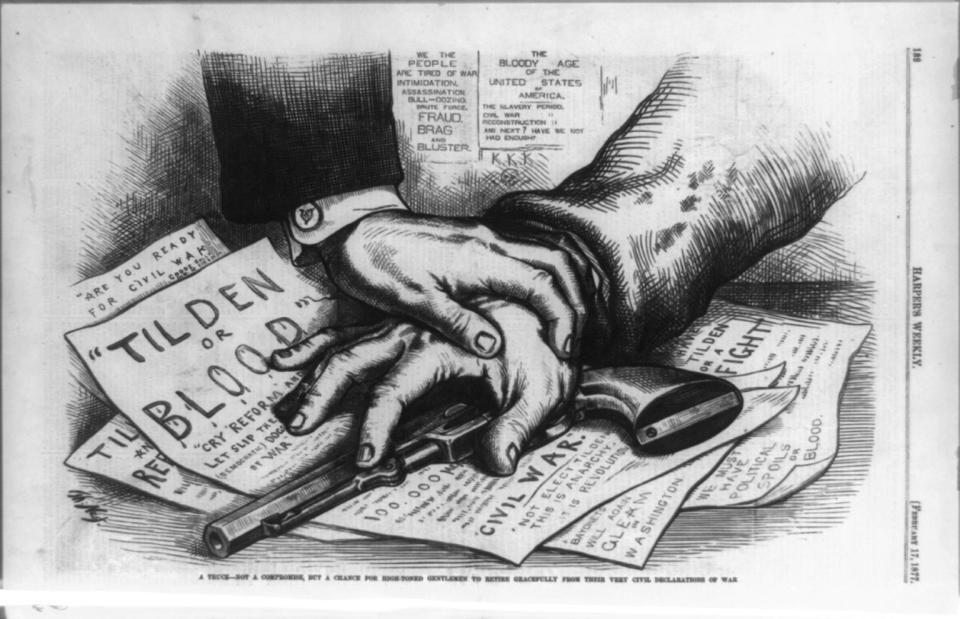 Eine Karikatur zur Einigung in der US-Wahl von 1877 zeigt symbolisch eine Hand, die andere Hand davon abhält, zu einer Pistole zu greifen.