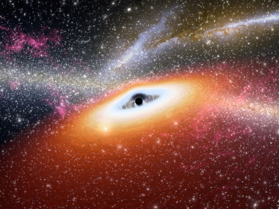 Illustration of a young black hole, such as the two distant dust-free quasars spotted recently by the Spitzer Space Telescope. <a href="http://www.space.com/31-black-holes-universe.html" rel="nofollow noopener" target="_blank" data-ylk="slk:More photos of black holes of the universe;elm:context_link;itc:0;sec:content-canvas" class="link ">More photos of black holes of the universe</a>