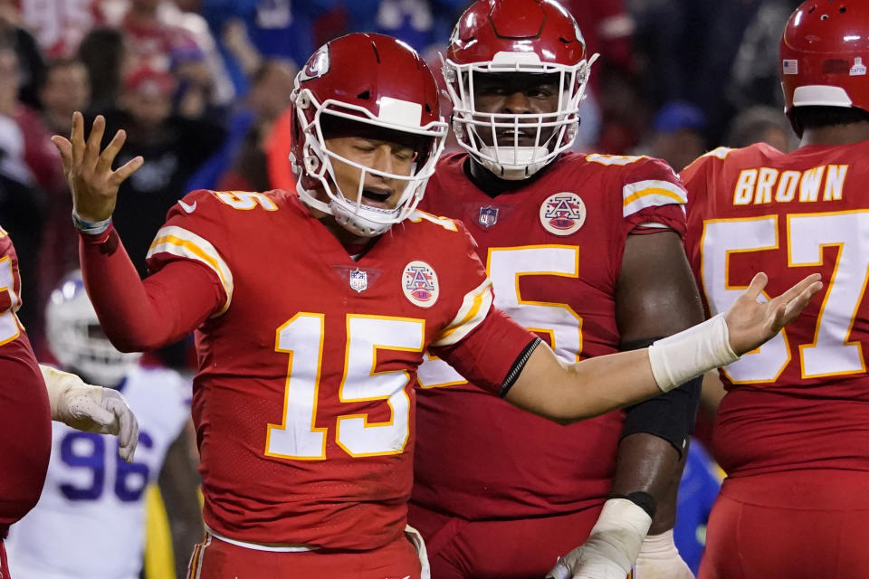 FILE - Kansas City Chiefs quarterback Patrick Mahomes reacts during the second half of an NFL football game against the Buffalo Bills in Kansas City, Mo., in this Sunday, Oct. 10, 2021, file photo. The Chiefs are tied for the most turnovers in the league after two fumbles and two interceptions last week. Washington's defense is perhaps in the most trouble facing Patrick Mahomes with the quarterback looking to atone for his recent mistakes. (AP Photo/Ed Zurga, File)
