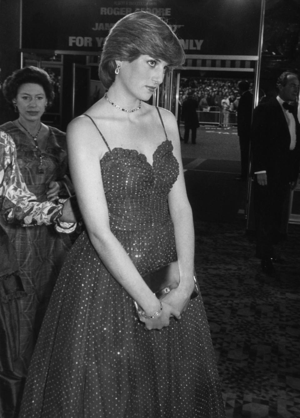 Lady Diana Spencer (1961 - 1997) and Princess Margaret (1930 - 2002) arriving at a premiere of 'For Your Eyes Only' at the Leicester Square Odeon cinema, London attended by her fiance Charles, Prince of Wales. The NSPCC received the proceeds of the event.   (Photo by Central Press/Getty Images)