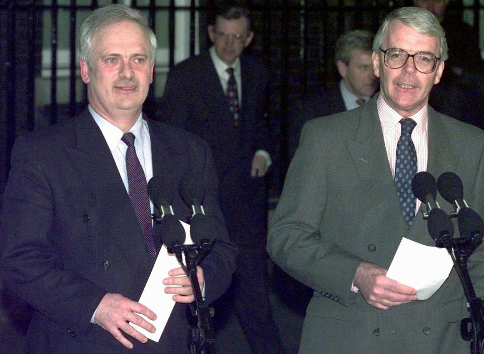 Bruton and John Major address the media outside No 10 in 1996