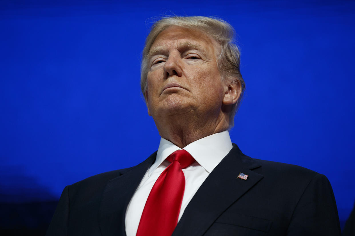 President Trump is introduced at the World Economic Forum, Jan. 26, 2018, in Davos, Switzerland. (Photo: Evan Vucci/AP)