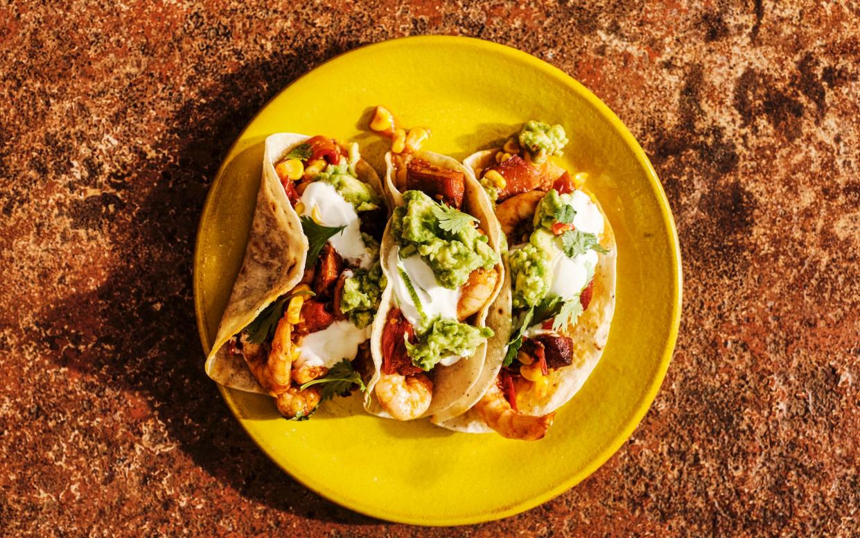 Prawn, corn and chorizo tray-bake tacos