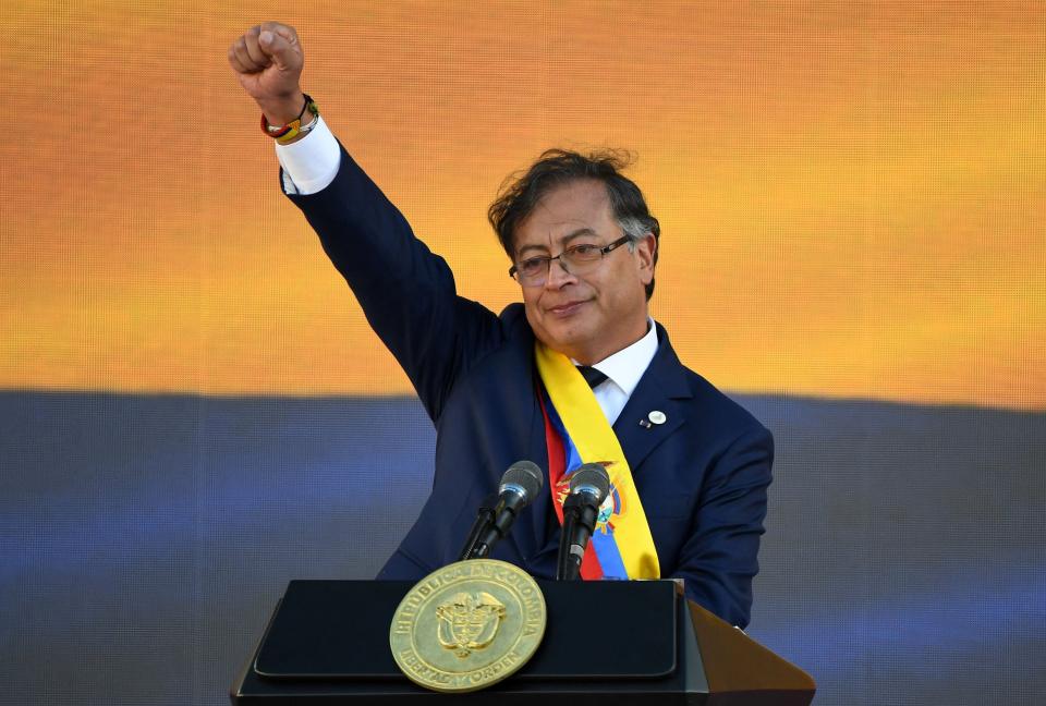 Colombia's new President Gustavo Petro gestures after delivering a speech during his inauguration ceremony at Bolivar Square in Bogota, on August 7, 2022.