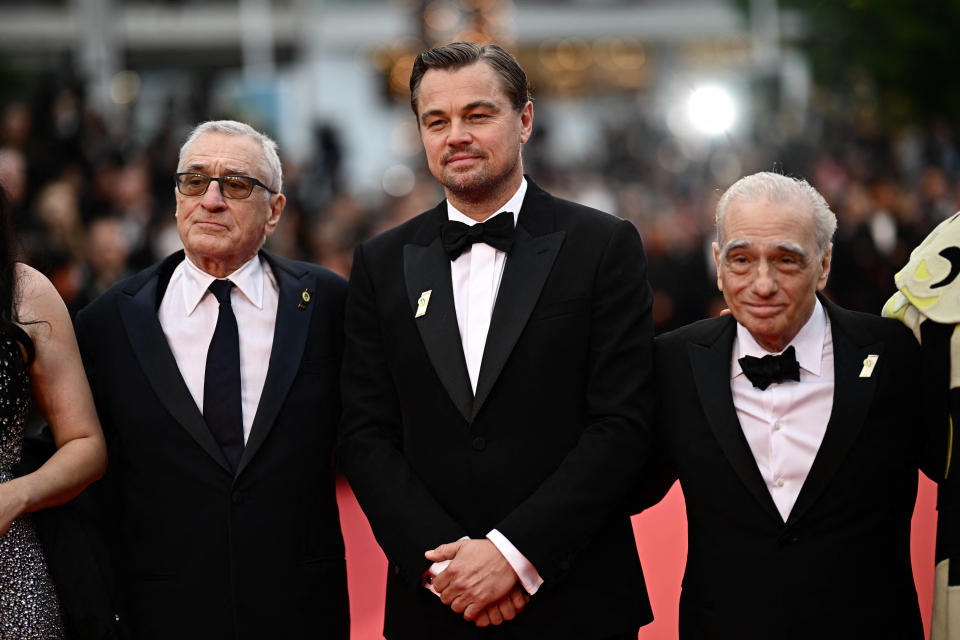 L’acteur américain Robert de Niro, l’acteur américain Leonardo Dicaprio et le réalisateur américain Martin Scorsese arrivent pour la projection du film « Killers of the Flower Moon ».