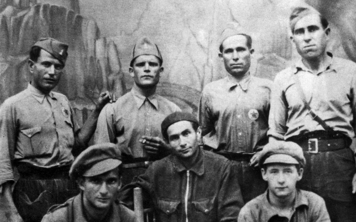 Pierre Georges aka Colonel Fabien (bottom right) in July 1937 in Spain with members of the International Brigades - Getty