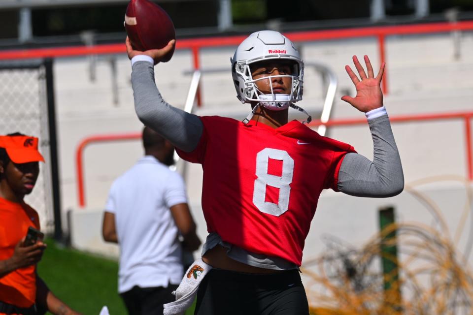 Florida A&M Rattlers quarterback Jeremy Moussa (8) attempts a pass during the first fall practice at Bragg Memorial Stadium in Tallahassee, Florida, Friday, July 29, 2022.