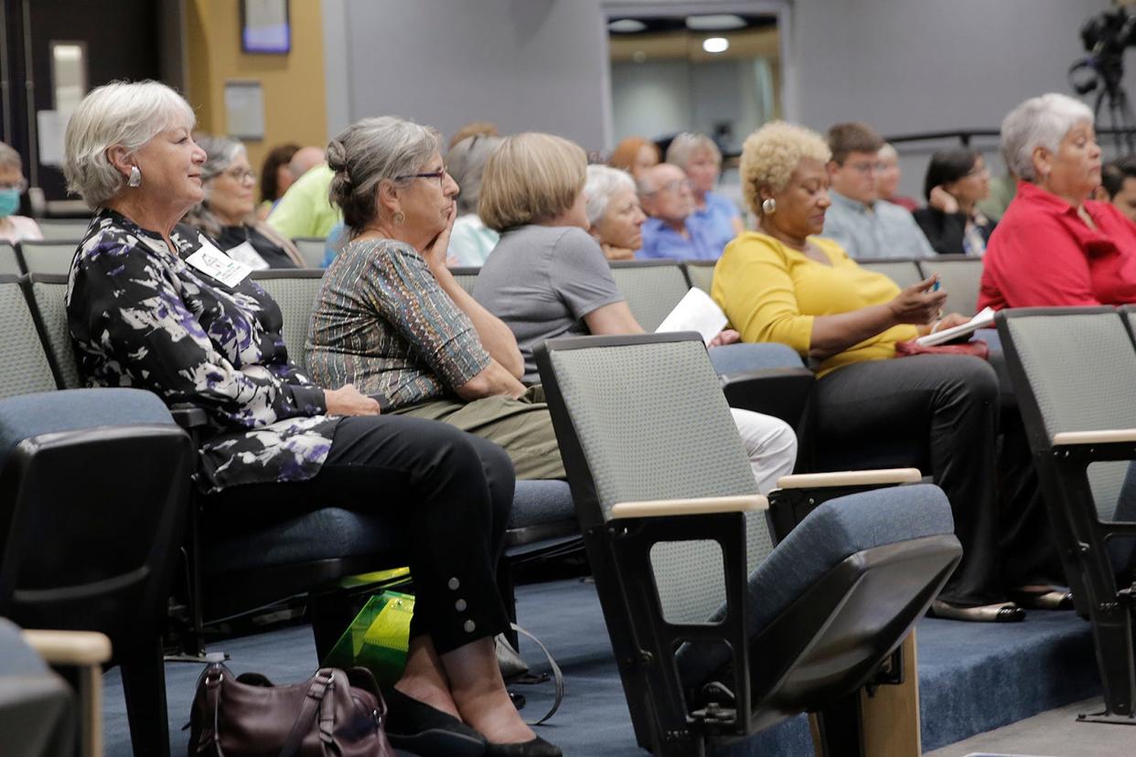 Joanne Ferrary, a New Mexico state representative, watches a presentation at City Hall on June 13, 2022. Ferrary was part of about a dozen people pushing for money to be sent to affordable housing.