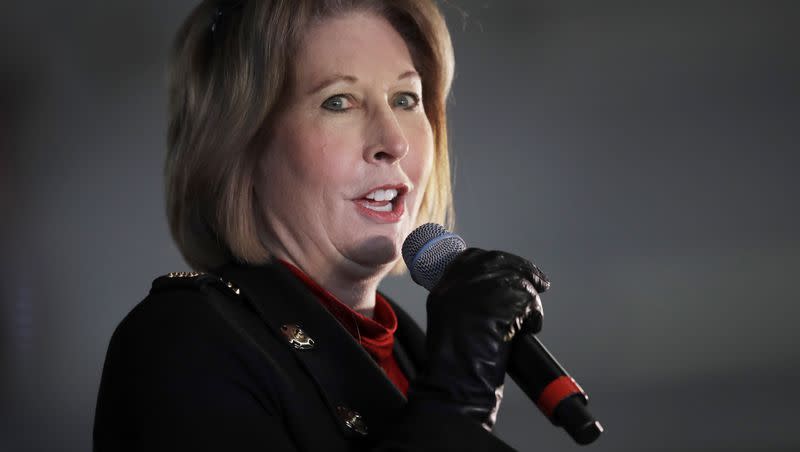 Attorney Sidney Powell, an attorney for Donald Trump, speaks in Alpharetta, Ga., on Dec. 2, 2020. Powell has pleaded guilty as part of deal with prosecutors over efforts to overturn Trump’s election loss in Georgia.