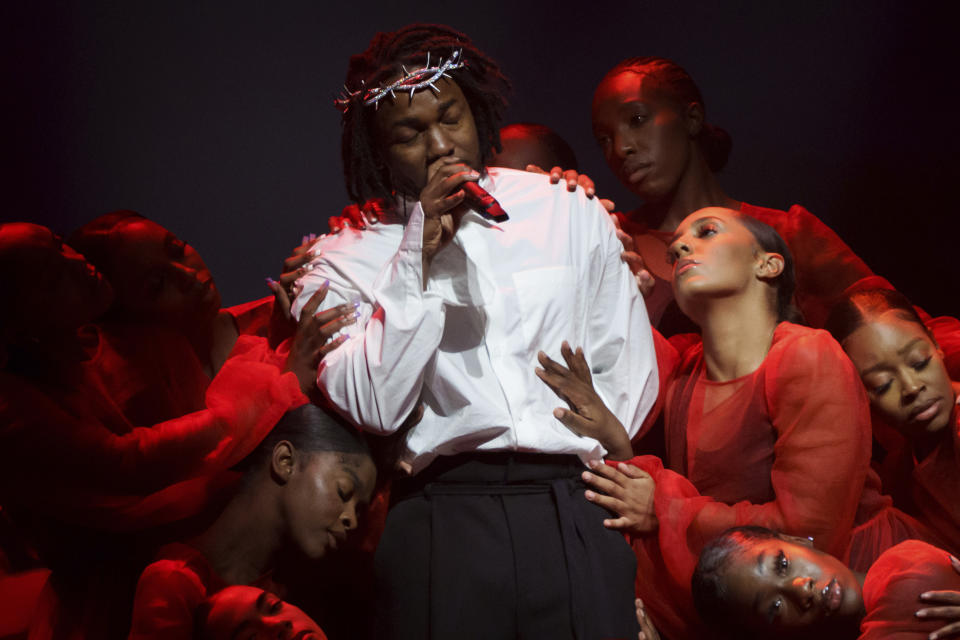 Kendrick Lamar performs at the Glastonbury Festival in Worthy Farm, Somerset, England, Sunday, June 26, 2022. (AP Photo/Scott Garfitt)