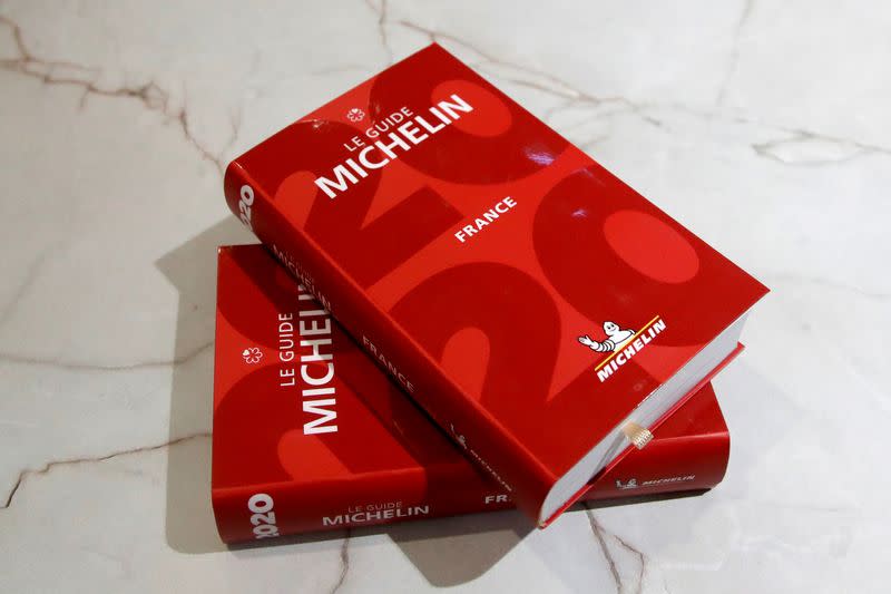 FILE PHOTO: Copies of the new 2020 annual Michelin restaurant guide are seen in this picture illustration