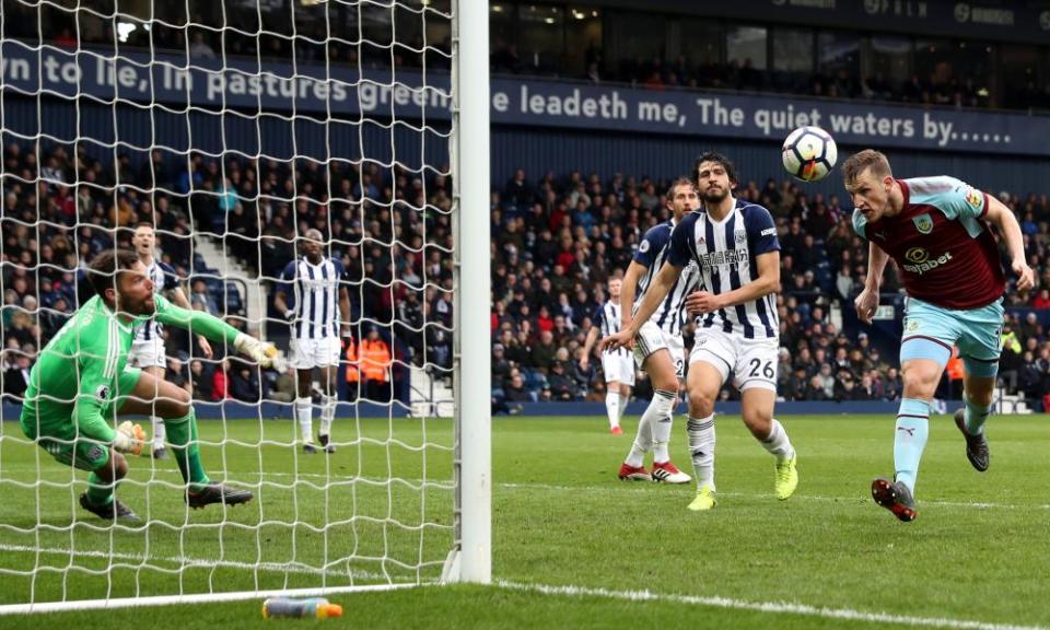 Chris Wood heads home the winner in Burnley’s 2-1 win over West Bromwich Albion at The Hawthorns in March 2018.