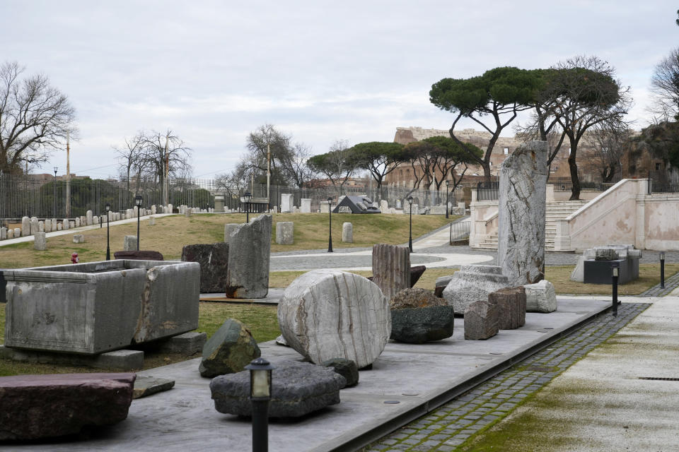 Archeological findings of the Roman Empire are displayed in the Park of Mount Celio Museum overlooking the Colosseum where is kept the giant marble map (Forma Urbis Romae) of the ancient Rome, Thursday, Jan. 11, 2024. The giant map of Rome was done under Emperor Septimius Severus in 203 A.D. The map is 18 meters by 13 meters. (AP Photo/Gregorio Borgia)