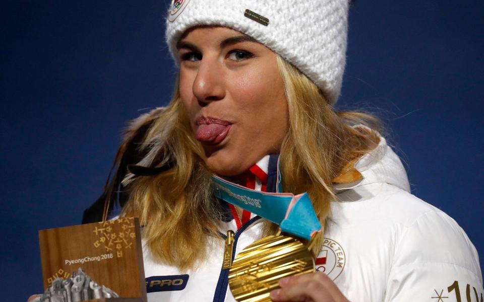 Carefree Ester Ledecka has some fun after picking up her second gold medal - REUTERS