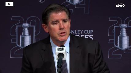 Peter Laviolette reacts to Rangers' 3-2 OT win over the Hurricanes in the NHL playoffs