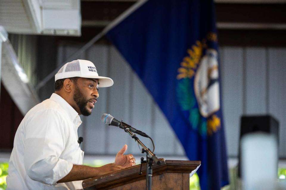 U.S. Senate candidate Charles Booker speaks the crowd gathered for the 142nd annual St. Jerome’s Fancy Farm Picnic before politicians deliver speeches in Fancy Farm, Ky., Saturday, August 6, 2022.