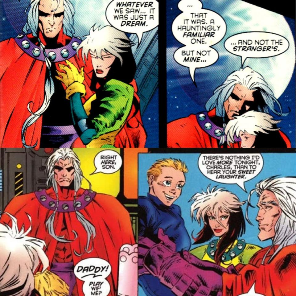 Rogue, Magneto, and their son Charles in the Age of Apocalypse timeline. 
