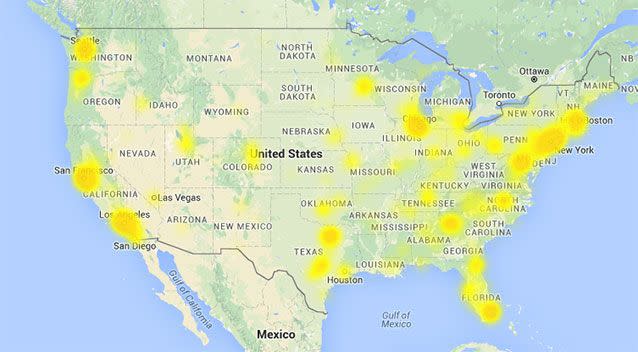 Heat map of Facebook outages across the US shows most major cities cutoff. Source: downdetector.com