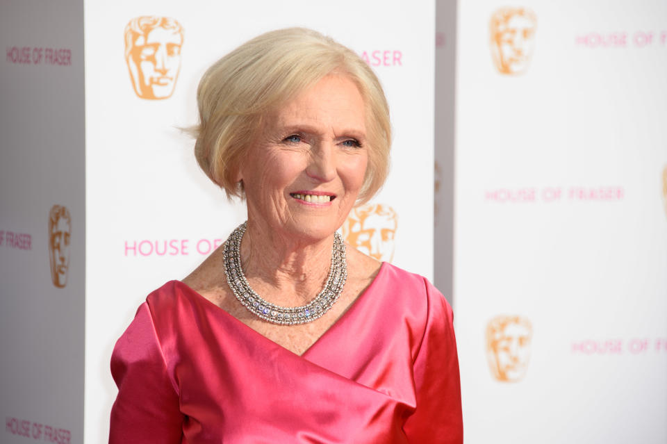 Mary Berry poses for photographers upon arrival at the BAFTA Television awards in central London, Sunday, May 10, 2015. (Photo by Jonathan Short/Invision/AP)