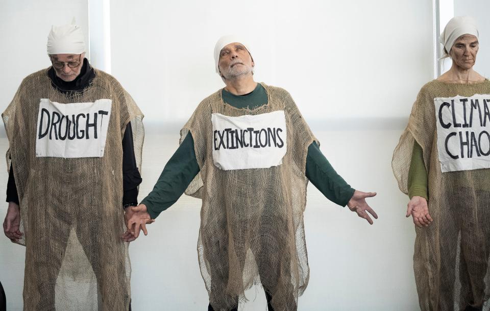 Feb 26, 2024; Columbus, Ohio, USA; Protestors stage a demonstration during a meeting of the The Ohio Oil and Gas Land Management Commission at the Charles D. Shipley Building Atrium. The Commission selected Texas-based Encino Energy for fracking under Valley Run Wildlife Area in Carroll County and Zepernick Wildlife Area in Columbiana County.