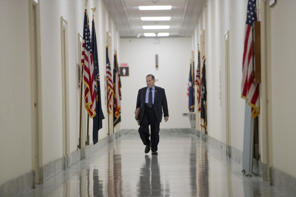 Judiciary Committee Chairman Jerrold Nadler, D-N.Y., arrives at his office before a House Judiciary Committee hearing without former White House Counsel Don McGahn, who was a key figure in special counsel Robert Mueller's investigation, on Capitol Hill in Washington, Tuesday, May 21, 2019. President Donald Trump directed McGahn to defy a congressional subpoena to testify but the committee's chairman, Rep. Jerrold Nadler, D-N.Y., has threatened to hold McGahn in contempt of Congress if he doesn't appear. (AP Photo/Andrew Harnik)