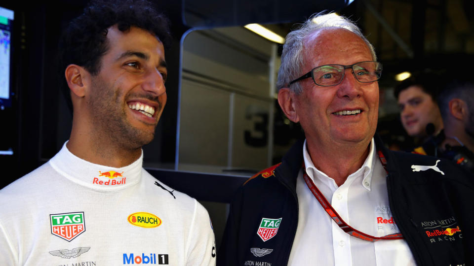 Australian driver Daniel Ricciardo and Red Bull motorsport adviser Helmut Marko. Pic: Getty