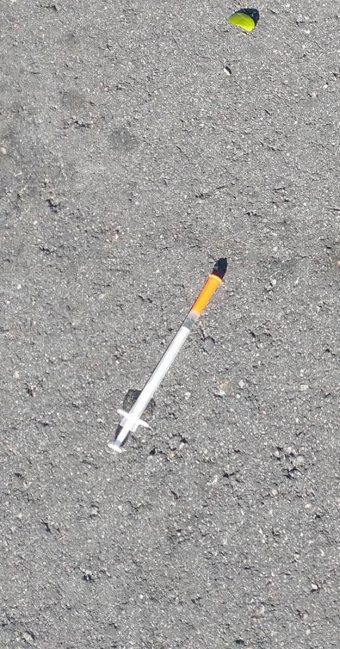 An empty syringe neighbor Jim Henry found on the ground in Ramsey Acres on April 12. He said he was walking his dog around Park Drive and saw it.