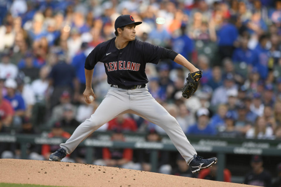 Cleveland Indians starter Eli Morgan delivers a pitch during the first inning of a baseball game against the Chicago Cubs Tuesday, June 22, 2021, in Chicago. (AP Photo/Paul Beaty)