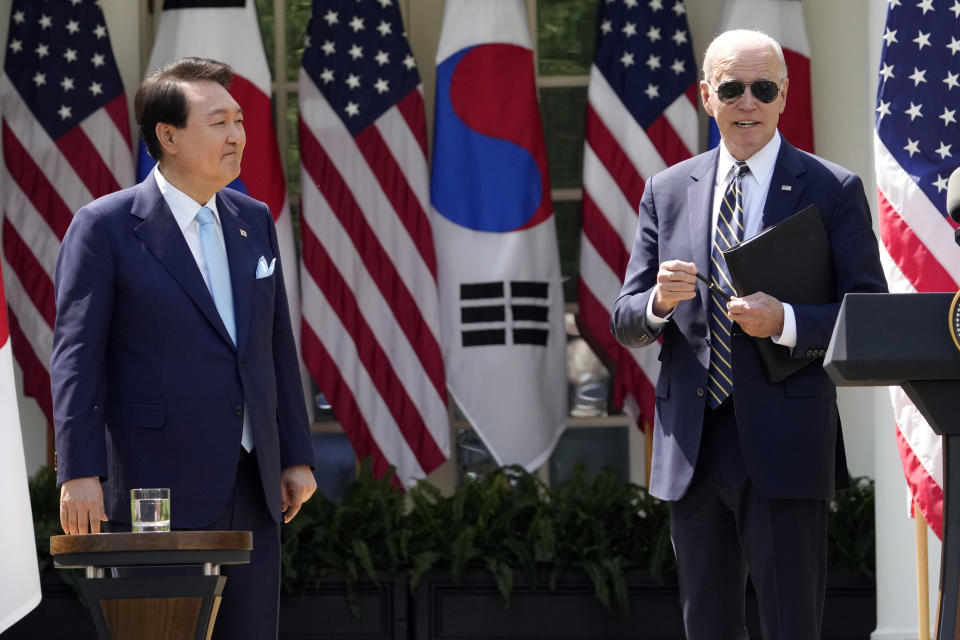 President Joe Biden and South Korea's President Yoon Suk Yeol finish a news conference in the Rose Garden of the White House Wednesday, April 26, 2023, in Washington. (AP Photo/Andrew Harnik)