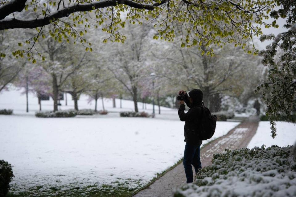 Karrie Dean captures the snow scenery in photographs on Tuesday, April 20, 2021, at the The Nelson-Atkins Museum of Art in Kansas City.